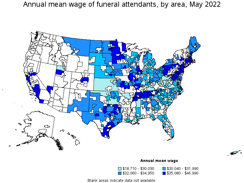 Map of annual mean wages of funeral attendants by area, May 2022