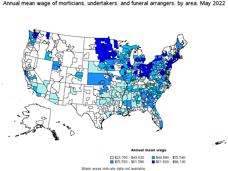 Map of annual mean wages of morticians, undertakers, and funeral arrangers by area, May 2022