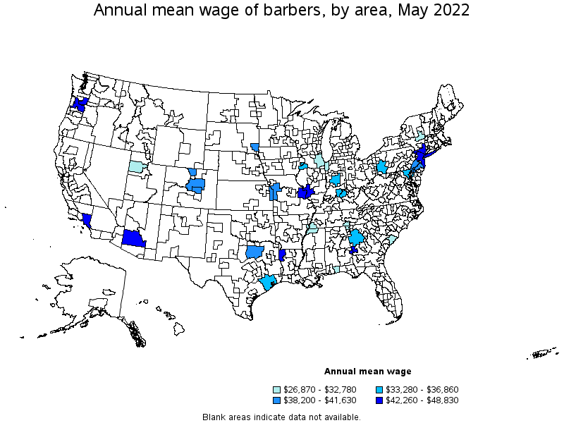 Map of annual mean wages of barbers by area, May 2022