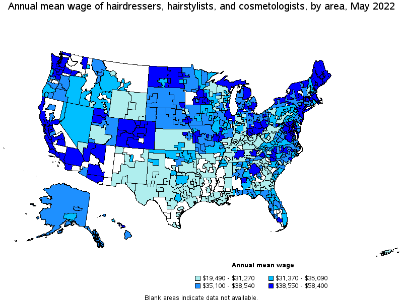 Map of annual mean wages of hairdressers, hairstylists, and cosmetologists by area, May 2022