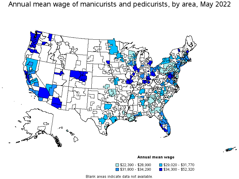 Map of annual mean wages of manicurists and pedicurists by area, May 2022