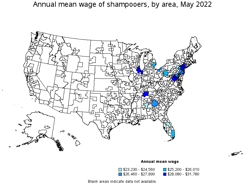 Map of annual mean wages of shampooers by area, May 2022