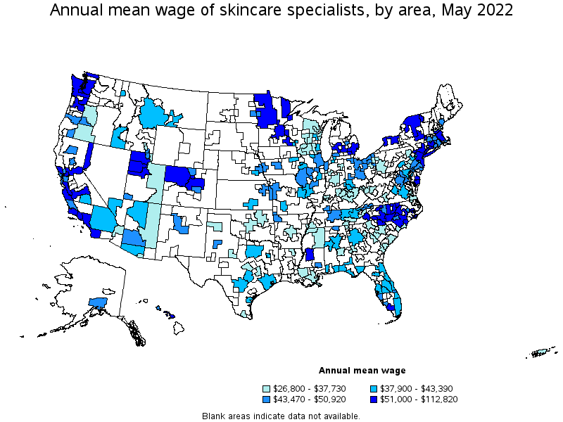 Map of annual mean wages of skincare specialists by area, May 2022