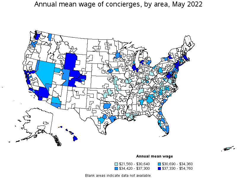 Map of annual mean wages of concierges by area, May 2022