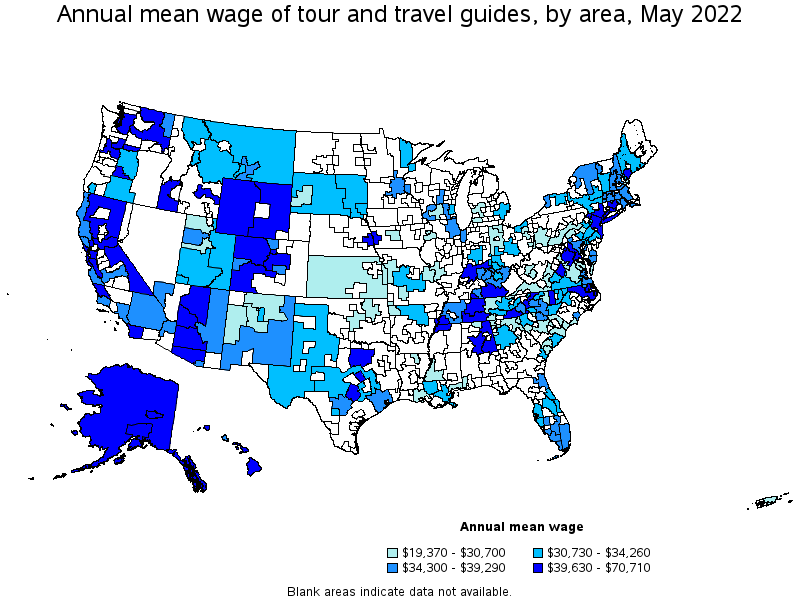 Map of annual mean wages of tour and travel guides by area, May 2022