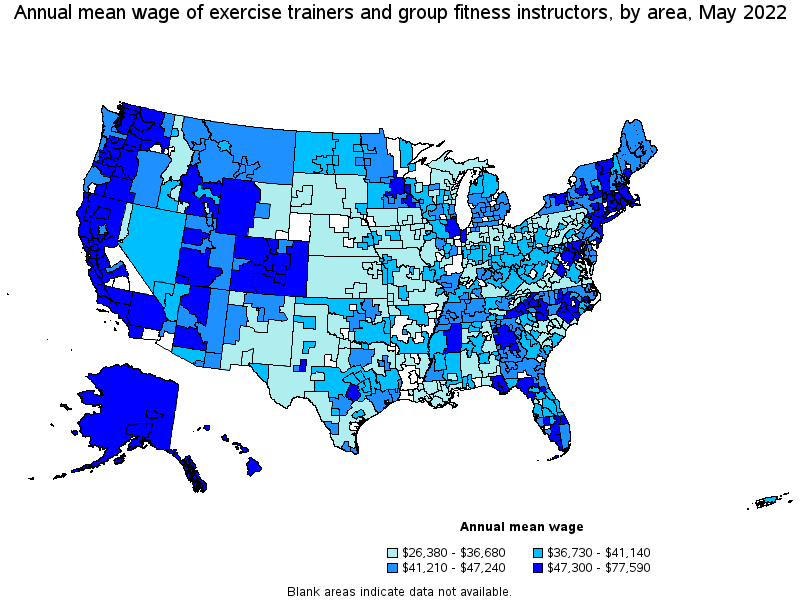 Map of annual mean wages of exercise trainers and group fitness instructors by area, May 2022