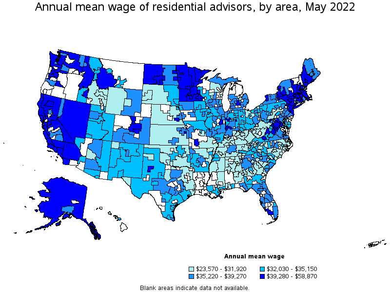 Map of annual mean wages of residential advisors by area, May 2022