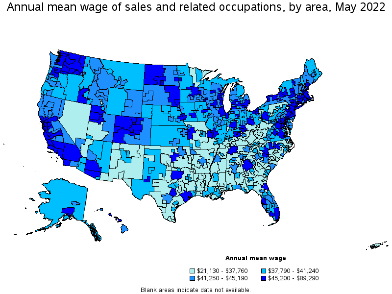 Map of annual mean wages of sales and related occupations by area, May 2022