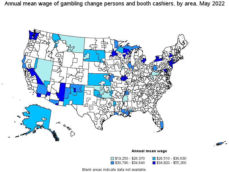 Map of annual mean wages of gambling change persons and booth cashiers by area, May 2022