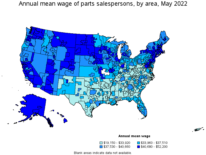 Map of annual mean wages of parts salespersons by area, May 2022