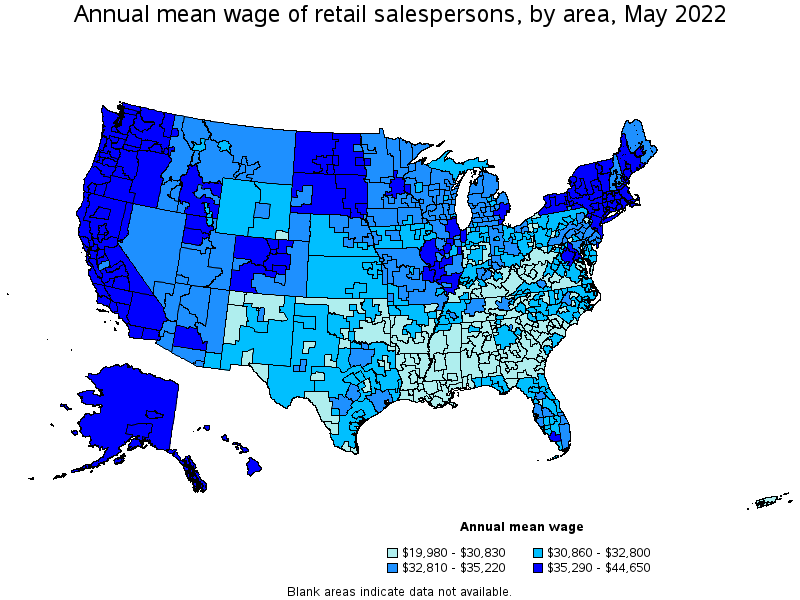 Map of annual mean wages of retail salespersons by area, May 2022