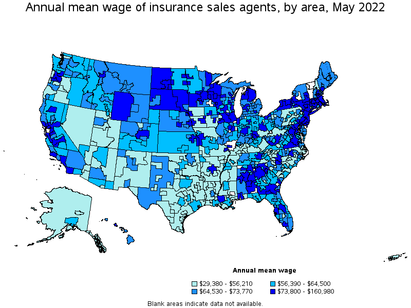 Map of annual mean wages of insurance sales agents by area, May 2022
