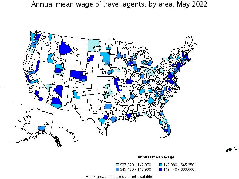 Map of annual mean wages of travel agents by area, May 2022