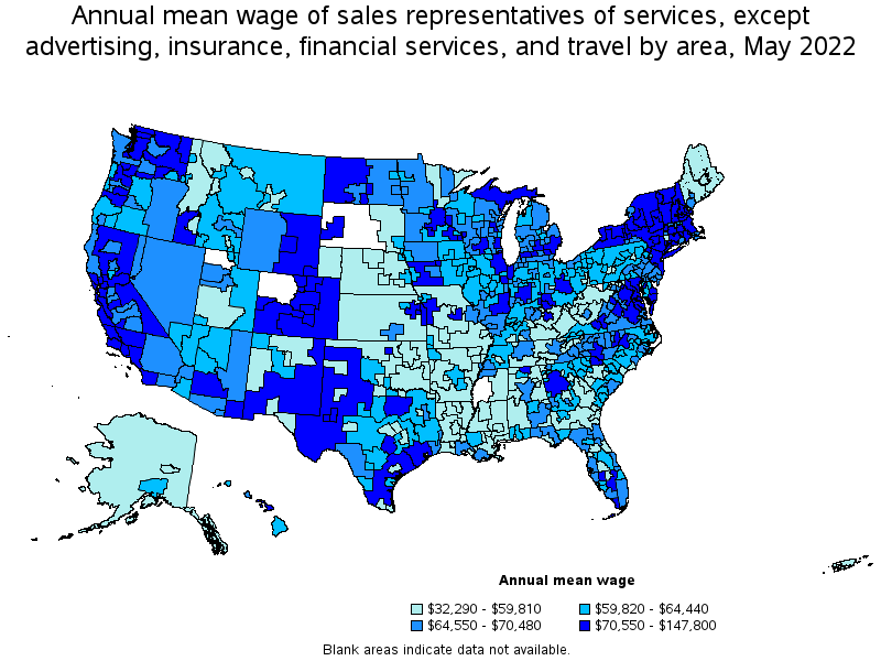 Map of annual mean wages of sales representatives of services, except advertising, insurance, financial services, and travel by area, May 2022