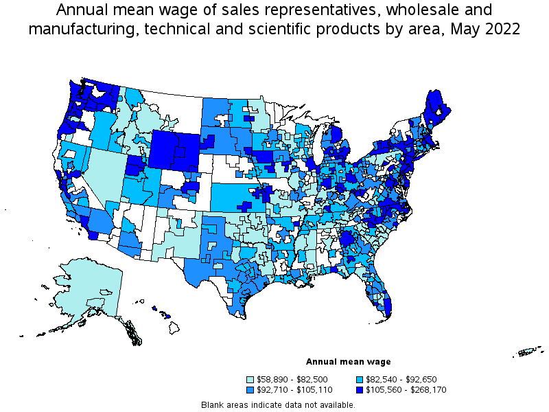 Map of annual mean wages of sales representatives, wholesale and manufacturing, technical and scientific products by area, May 2022
