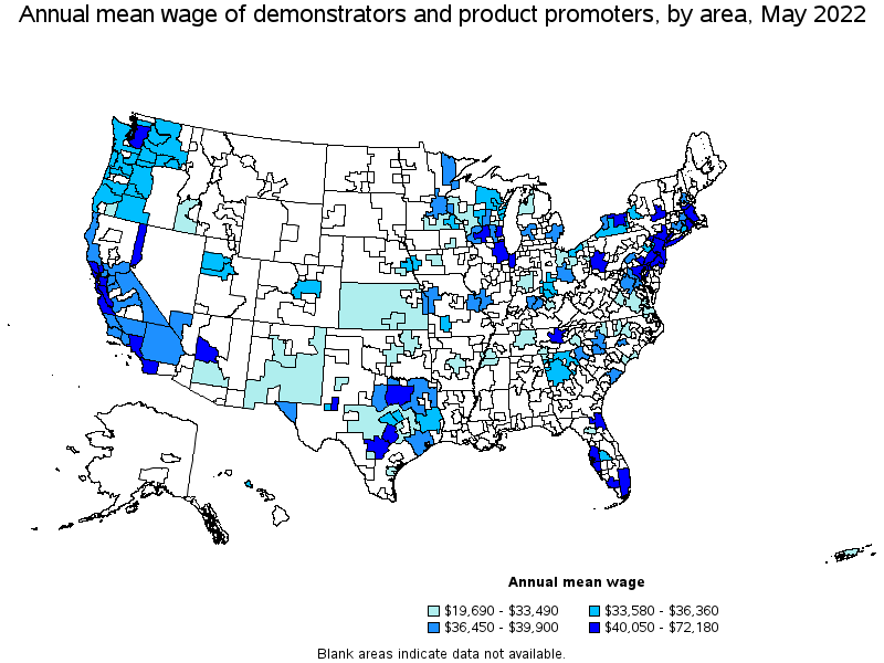 Map of annual mean wages of demonstrators and product promoters by area, May 2022