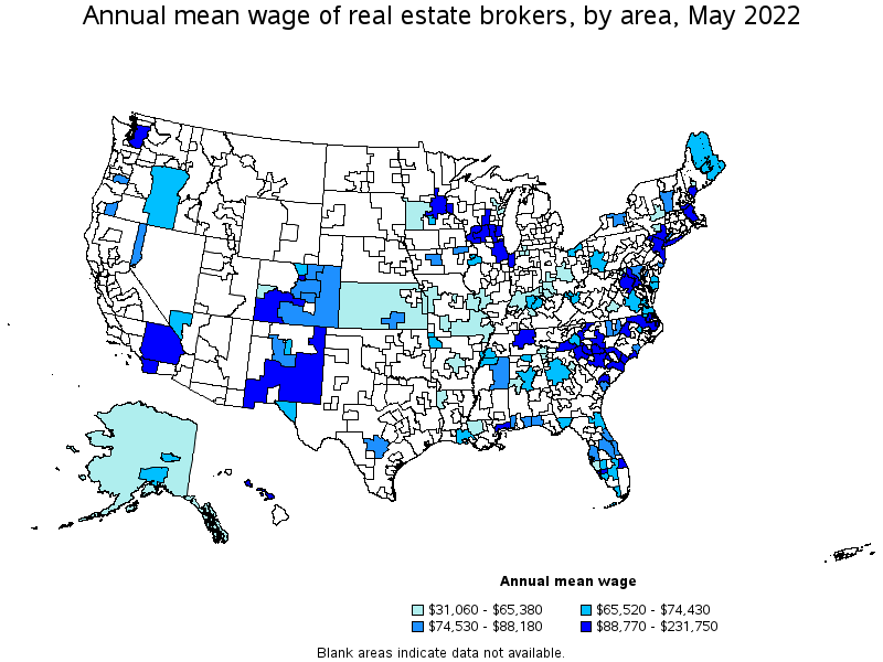 Map of annual mean wages of real estate brokers by area, May 2022