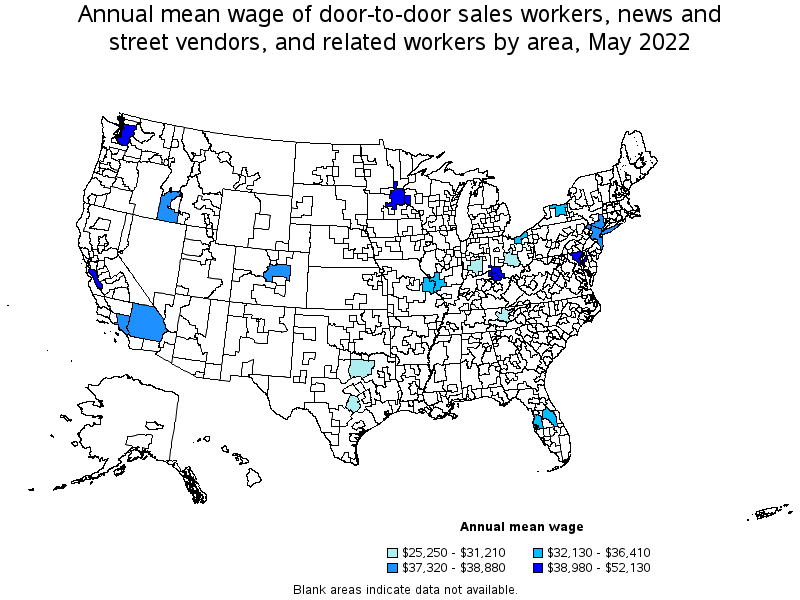 Map of annual mean wages of door-to-door sales workers, news and street vendors, and related workers by area, May 2022