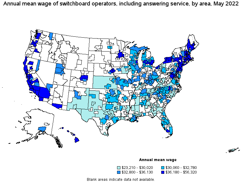 Map of annual mean wages of switchboard operators, including answering service by area, May 2022