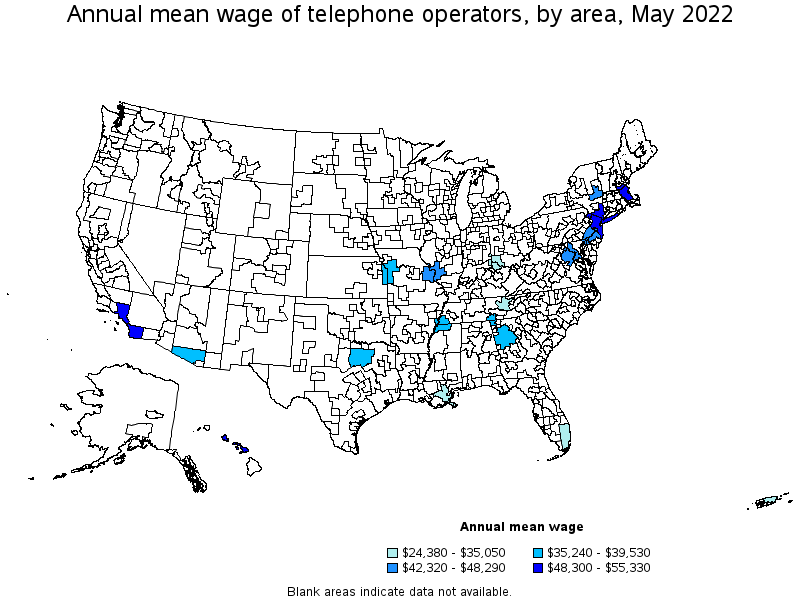 Map of annual mean wages of telephone operators by area, May 2022