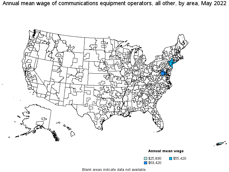 Map of annual mean wages of communications equipment operators, all other by area, May 2022