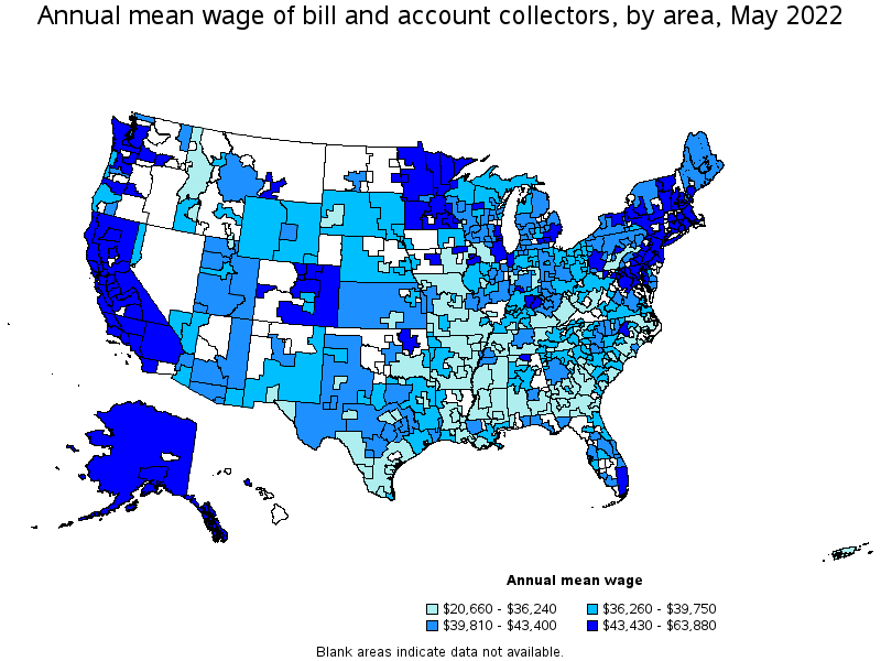 Map of annual mean wages of bill and account collectors by area, May 2022