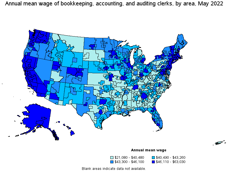 Map of annual mean wages of bookkeeping, accounting, and auditing clerks by area, May 2022