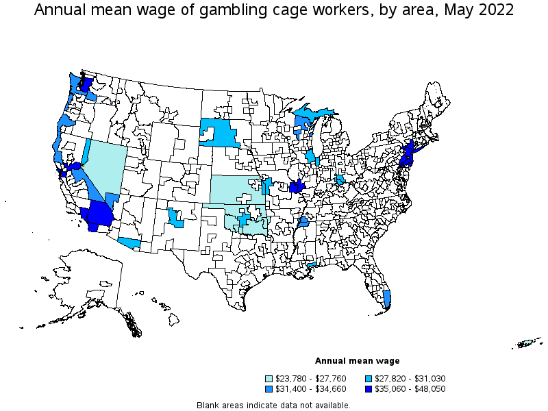 Map of annual mean wages of gambling cage workers by area, May 2022