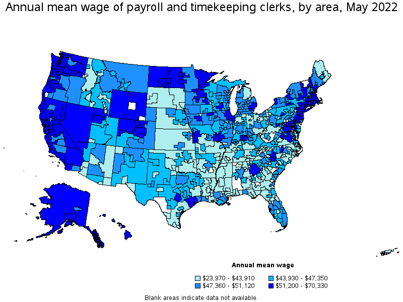 Map of annual mean wages of payroll and timekeeping clerks by area, May 2022