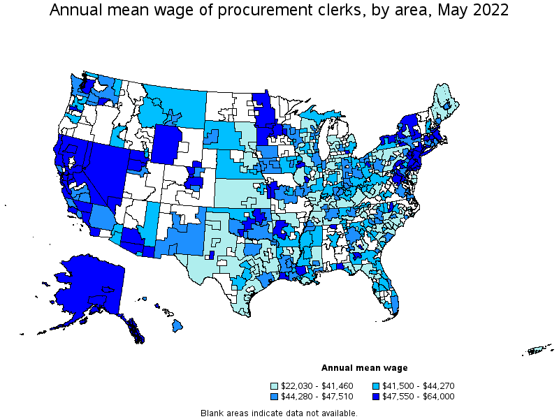 Map of annual mean wages of procurement clerks by area, May 2022