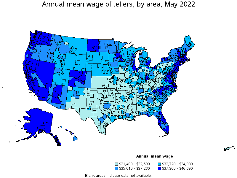Map of annual mean wages of tellers by area, May 2022