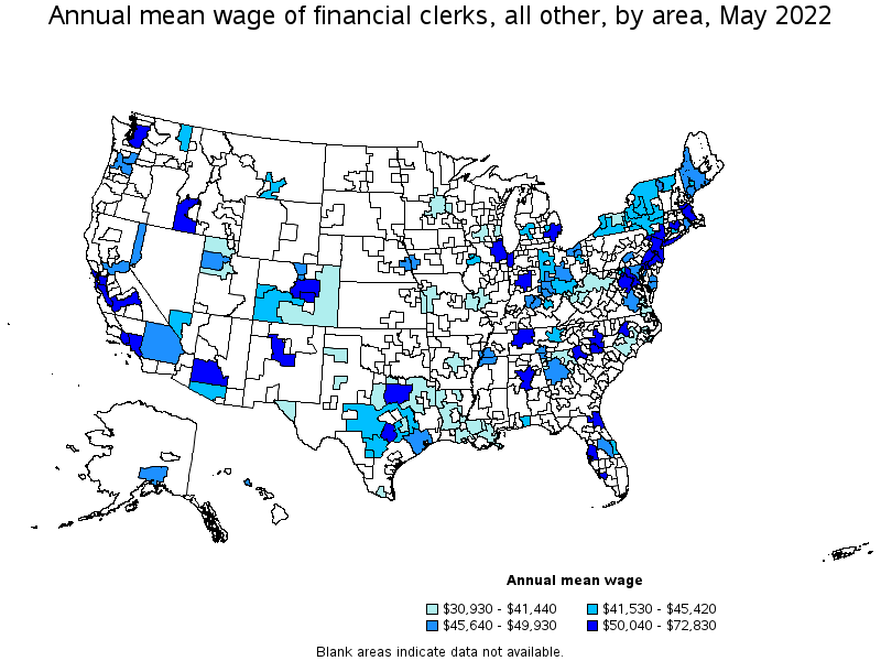 Map of annual mean wages of financial clerks, all other by area, May 2022