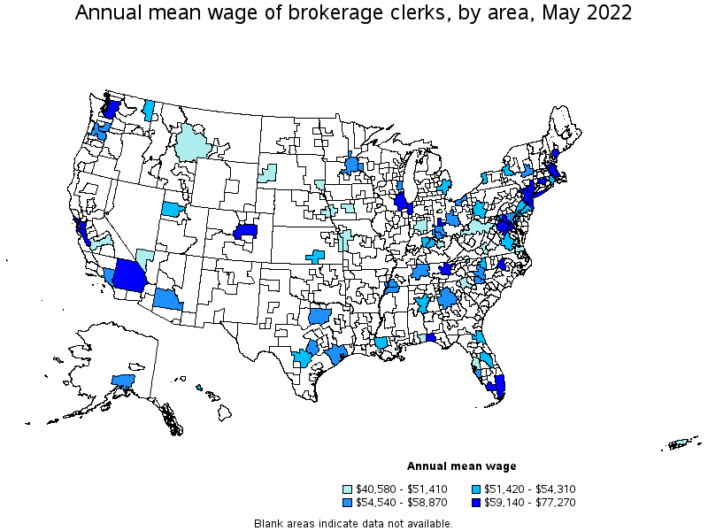 Map of annual mean wages of brokerage clerks by area, May 2022