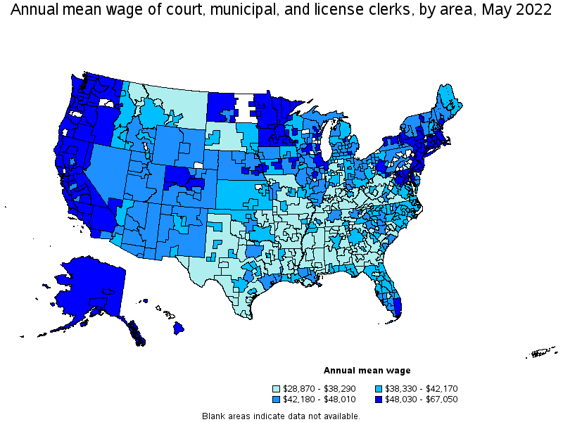 Map of annual mean wages of court, municipal, and license clerks by area, May 2022