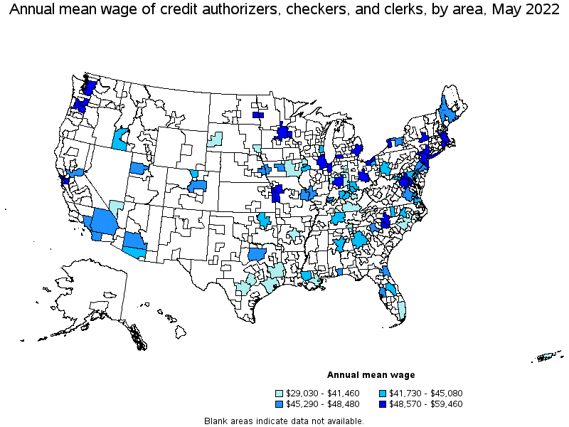 Map of annual mean wages of credit authorizers, checkers, and clerks by area, May 2022
