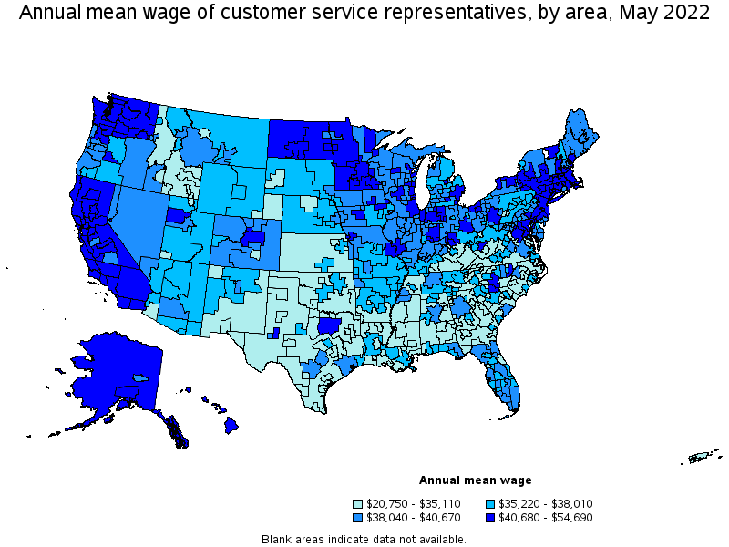 Map of annual mean wages of customer service representatives by area, May 2022