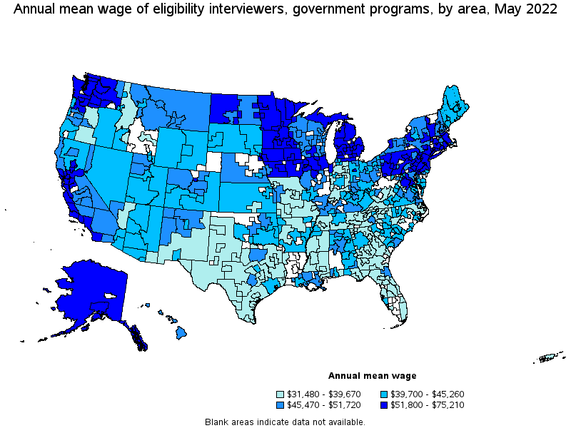 Map of annual mean wages of eligibility interviewers, government programs by area, May 2022