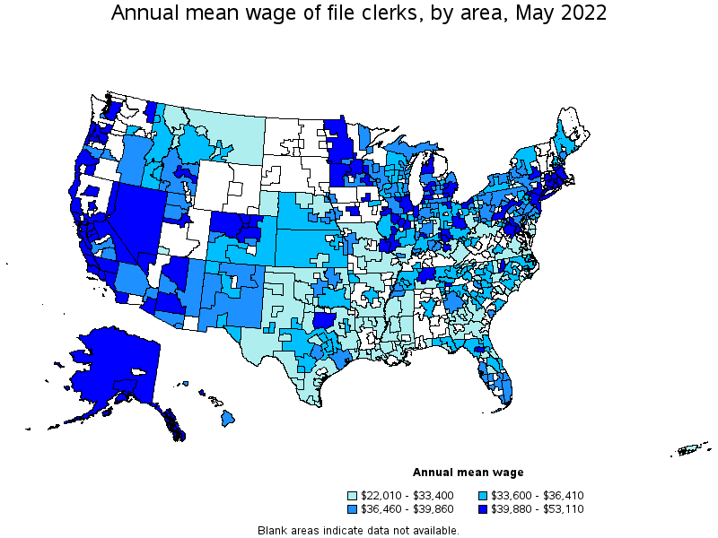 Map of annual mean wages of file clerks by area, May 2022