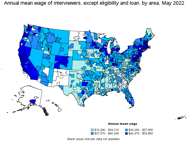 Map of annual mean wages of interviewers, except eligibility and loan by area, May 2022