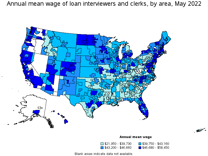 Map of annual mean wages of loan interviewers and clerks by area, May 2022