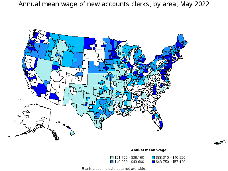 Map of annual mean wages of new accounts clerks by area, May 2022