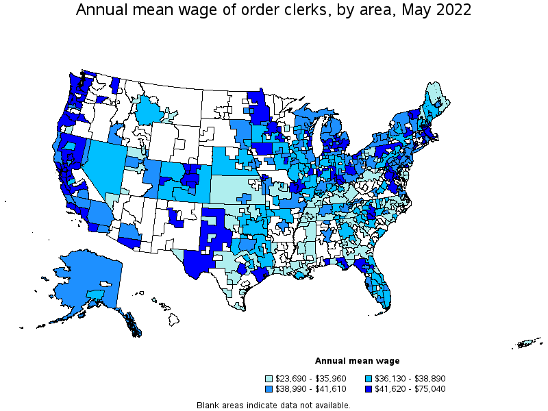 Map of annual mean wages of order clerks by area, May 2022