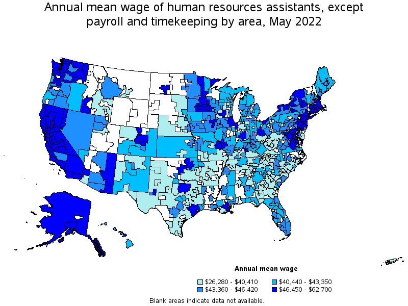 Map of annual mean wages of human resources assistants, except payroll and timekeeping by area, May 2022