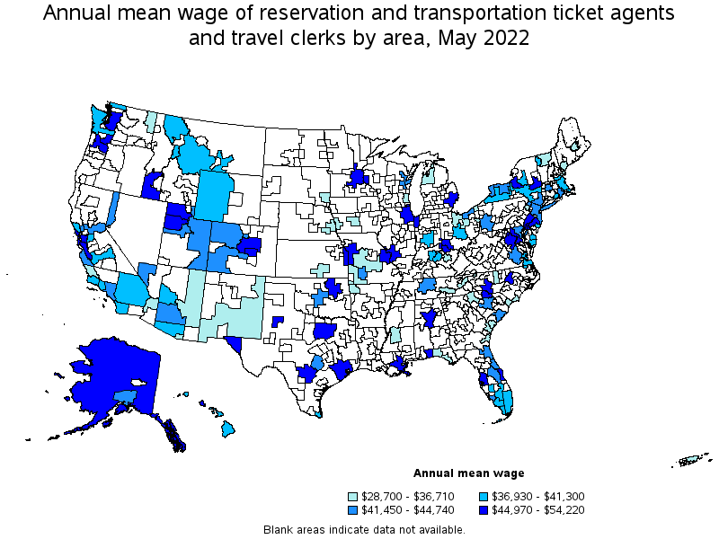 Map of annual mean wages of reservation and transportation ticket agents and travel clerks by area, May 2022