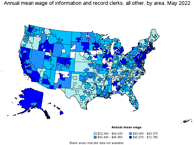 Map of annual mean wages of information and record clerks, all other by area, May 2022