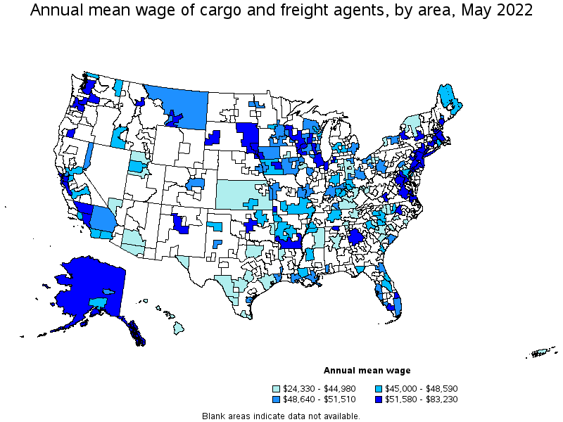 Map of annual mean wages of cargo and freight agents by area, May 2022