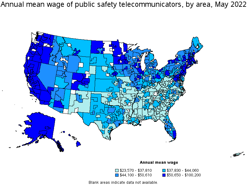Map of annual mean wages of public safety telecommunicators by area, May 2022