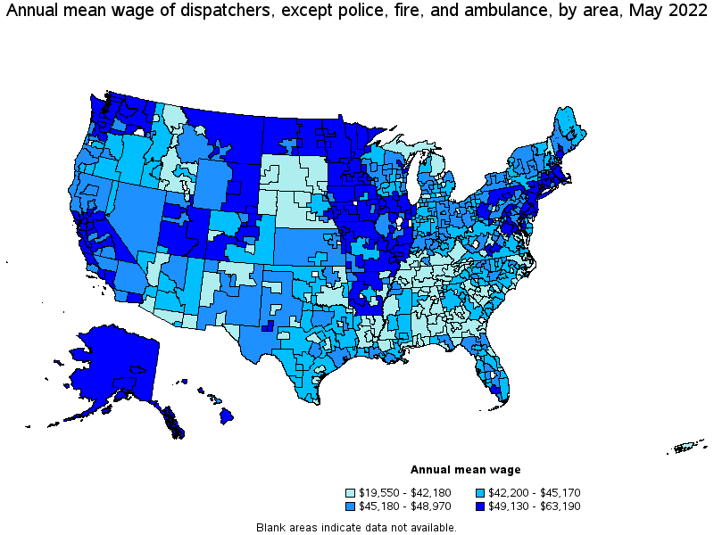 Map of annual mean wages of dispatchers, except police, fire, and ambulance by area, May 2022