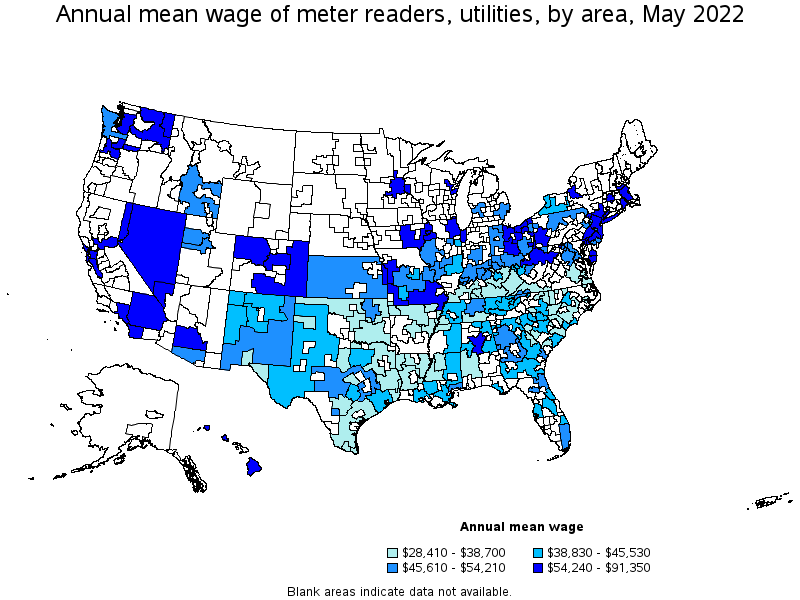 Map of annual mean wages of meter readers, utilities by area, May 2022