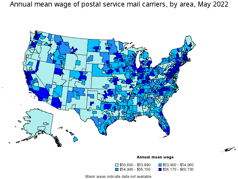 Map of annual mean wages of postal service mail carriers by area, May 2022